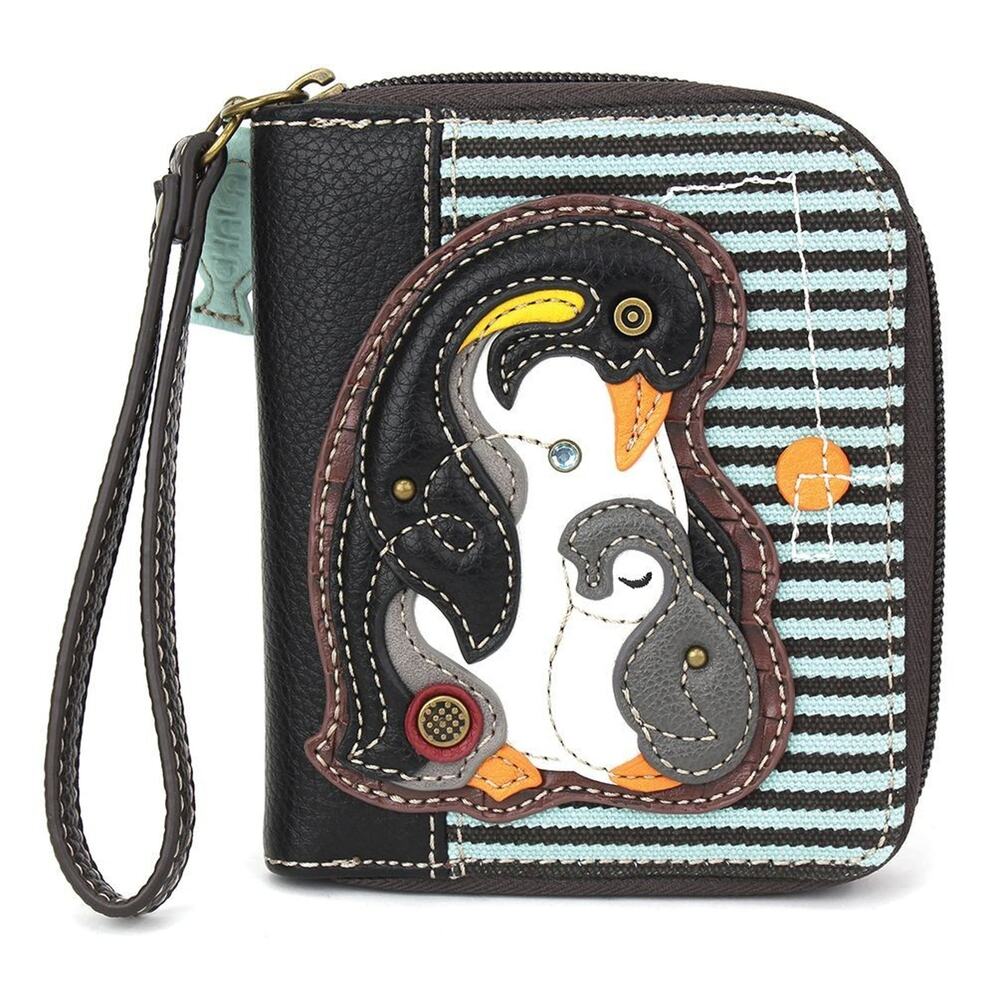 Chala Faux Leather Zip Credit Card Wallet Wristlet - Penguin, Blue Stripe NWT